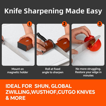 The Innovative Knife Sharpener - Patented Multi-Angle Premium Rolling Knife Sharpener with Extra Replacement Head for Chef's, Fruit, and All Steel Knives (Brown)