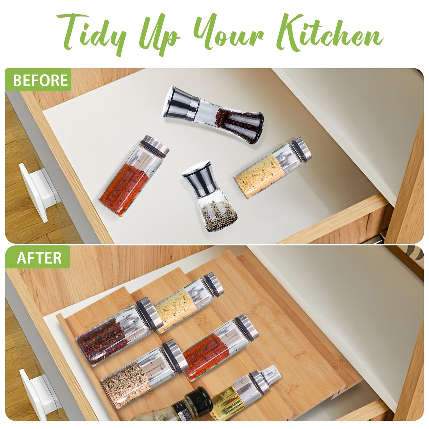 Bamboo Spice Drawer Organizer, 4 Tier Stackable Spice Rack for Cabinet, Seasoning Storage Organization，13'' Wide