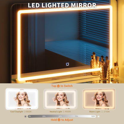 GarveeHome Fluted Vanity Desk with Mirror and Lights, 48" Large Makeup Vanity with Glass Top, 3 Modes LED Lighting with Adjustable Brightness, Dressing Table with Charging Station and Stool, White