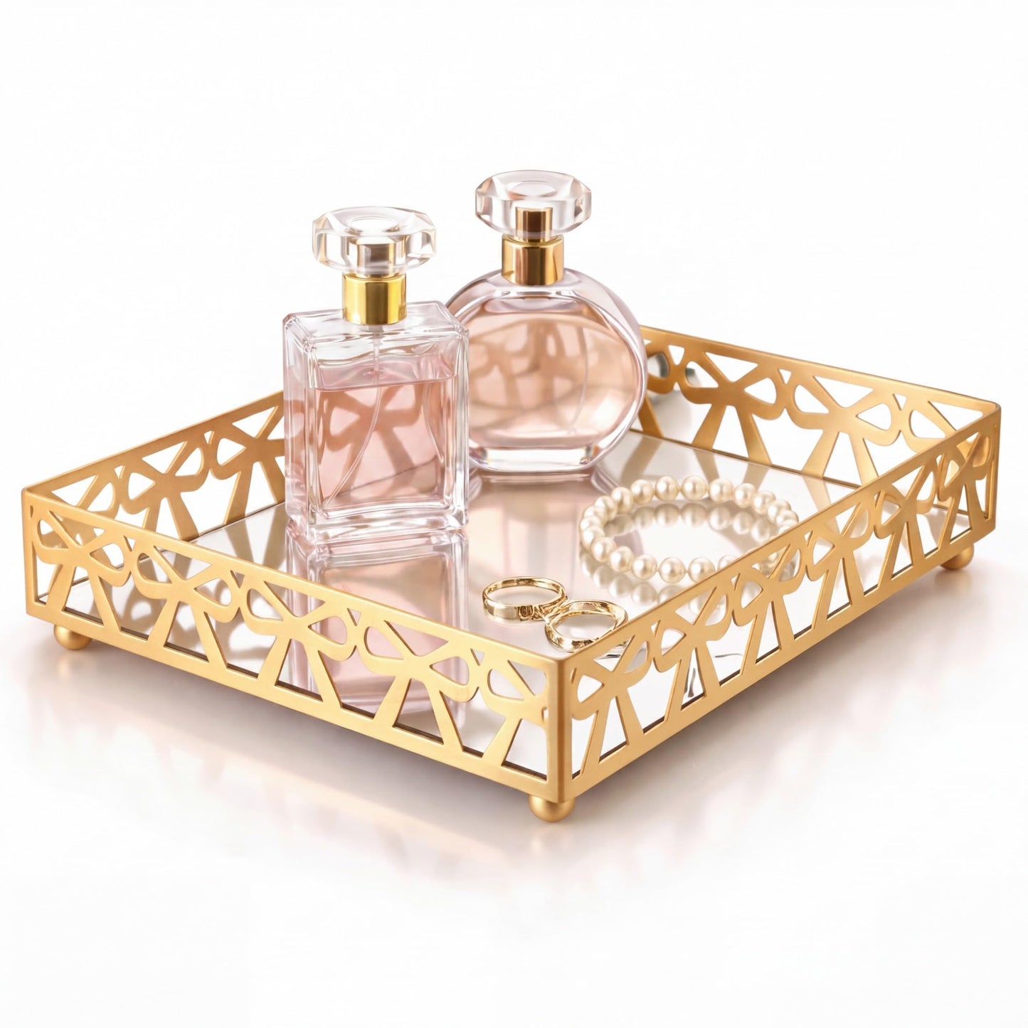 Zhehao Gold Vanity Tray with Mirror Bottom Decorative Bowknot Jewelry Organizer Tray 11.8x7.9 Inch Metal Vanity Organizer for Perfume Makeup Dresser Bathroom Countertop, Women Mom Gift