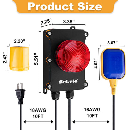 Sump Pump Alarm,Sekelo High Water Alarm with 10ft Level Float Switch,110dB Loud Alarm and High Brightness LED Indicator ,IP67 Indoor/Outdoor Use,Ideal for Septic Sump Pump Pond Water Tank