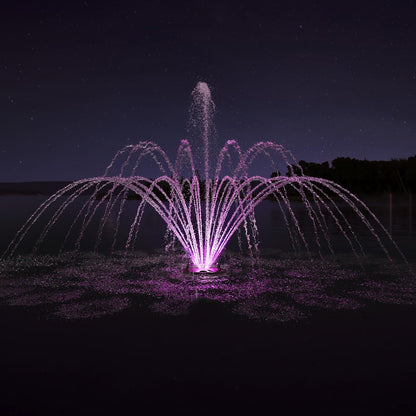 FS02 110V, 1/2 HP, Large Pond Floating Fountain with LED RGB Lights, Oil Free Pump 9000 GPH with 100’ Cord, Two Spray Patterns Included
