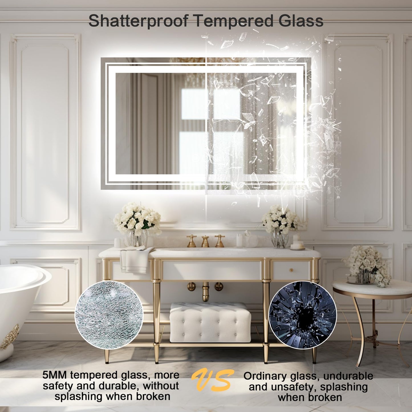 WTTY 60"x30" LED Bathroom Mirror with Lights, Backlit and Front Lighted Bathroom Vanity Mirrors Wall Mounted, Double LED Vanity Wall Mirror for Bathroom with Anti-Fog, Dimmable, Memory, Shatter-Proof