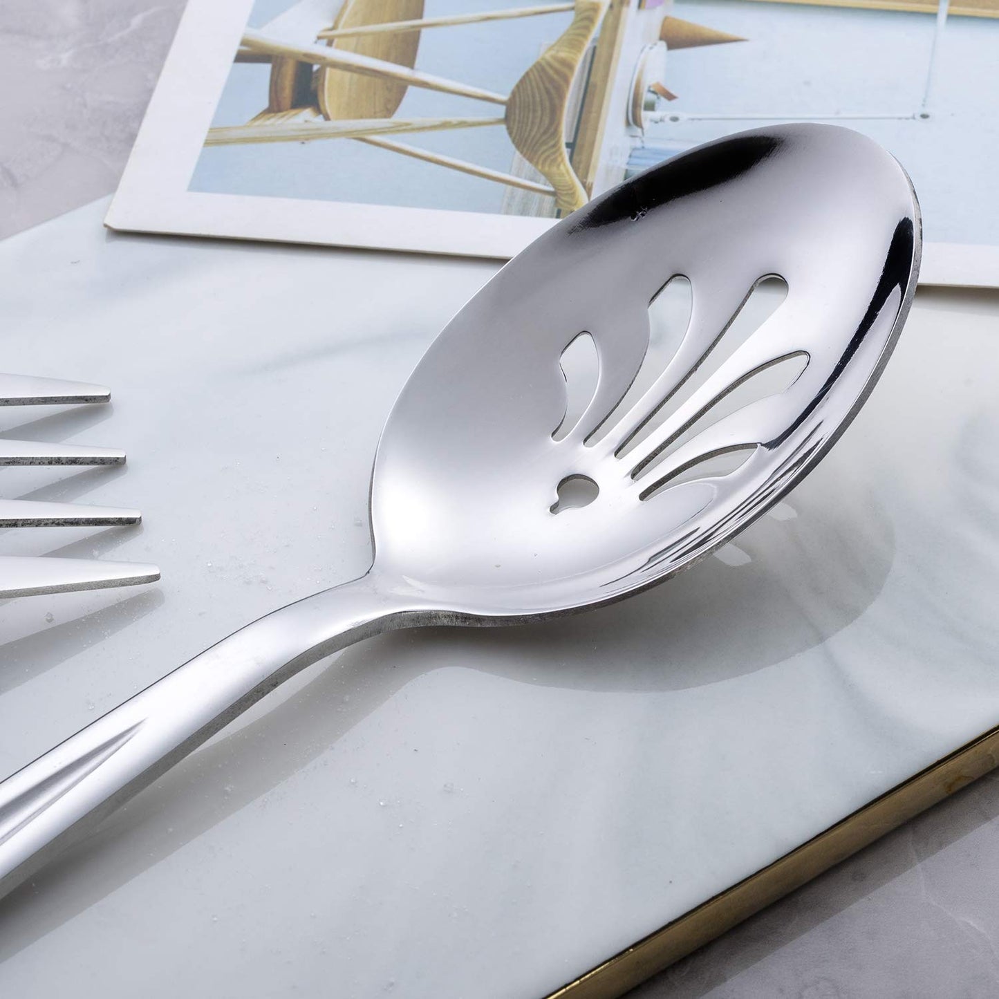 GoGeiLi Stainless Steel Serving Set, 3 Large Spoons and 3 Slotted Spoons, 9.5-inch Catering Set for Party, Banquet, Buffet, Dishwasher Safe