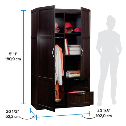 Sauder Select Multipurpose Bedroom Armoire Wardrobe Closet Pantry Storage Cabinet with Storage Drawers and Hanging Rail, in Cinnamon Cherry