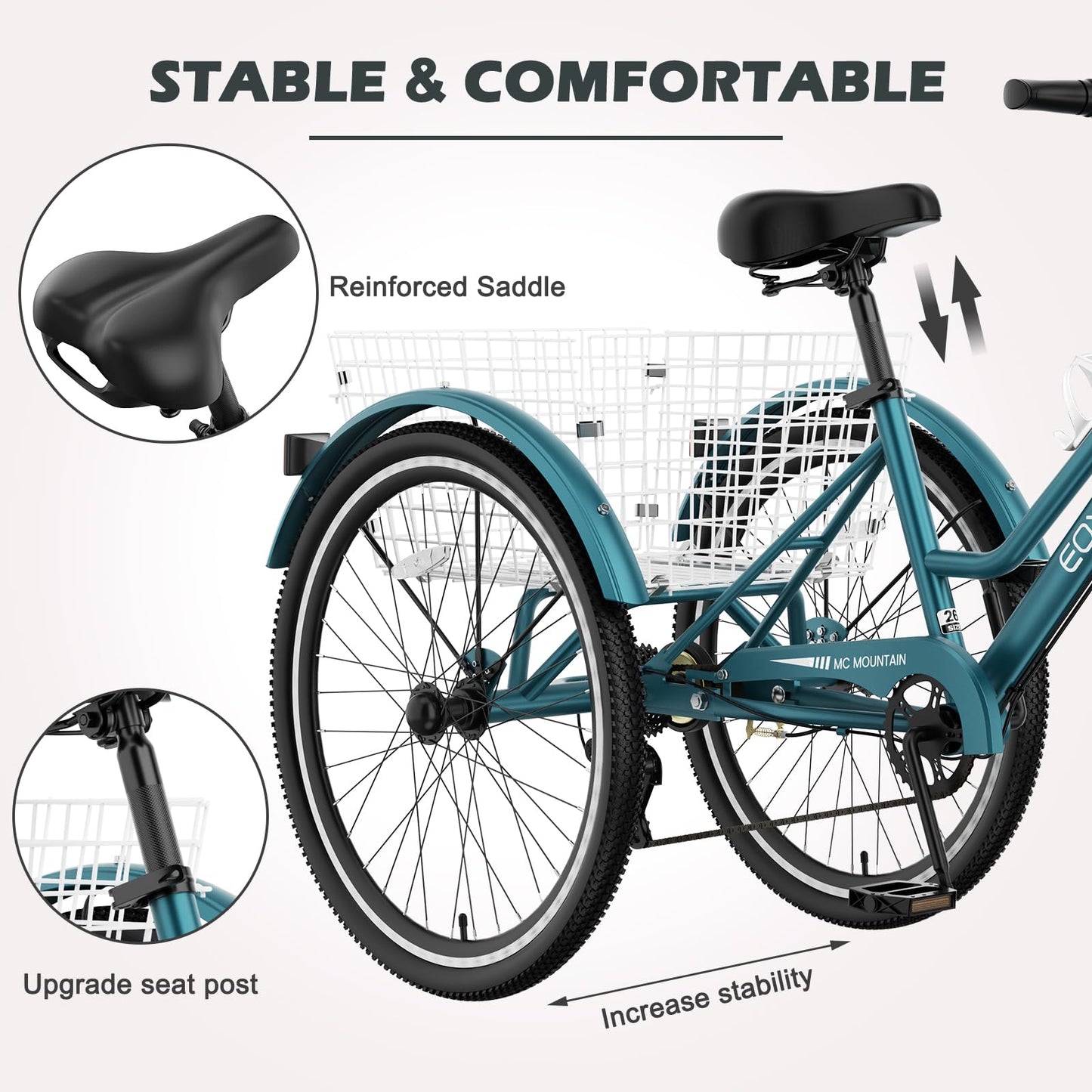 ABORON Adult Mountain Tricycle, 7-Speed 3-Wheel Mountain Bikes 24/26/27.5inch Available, Front Suspension, Disc Brake (Step-Through Peacock Green, 24" Wheels)