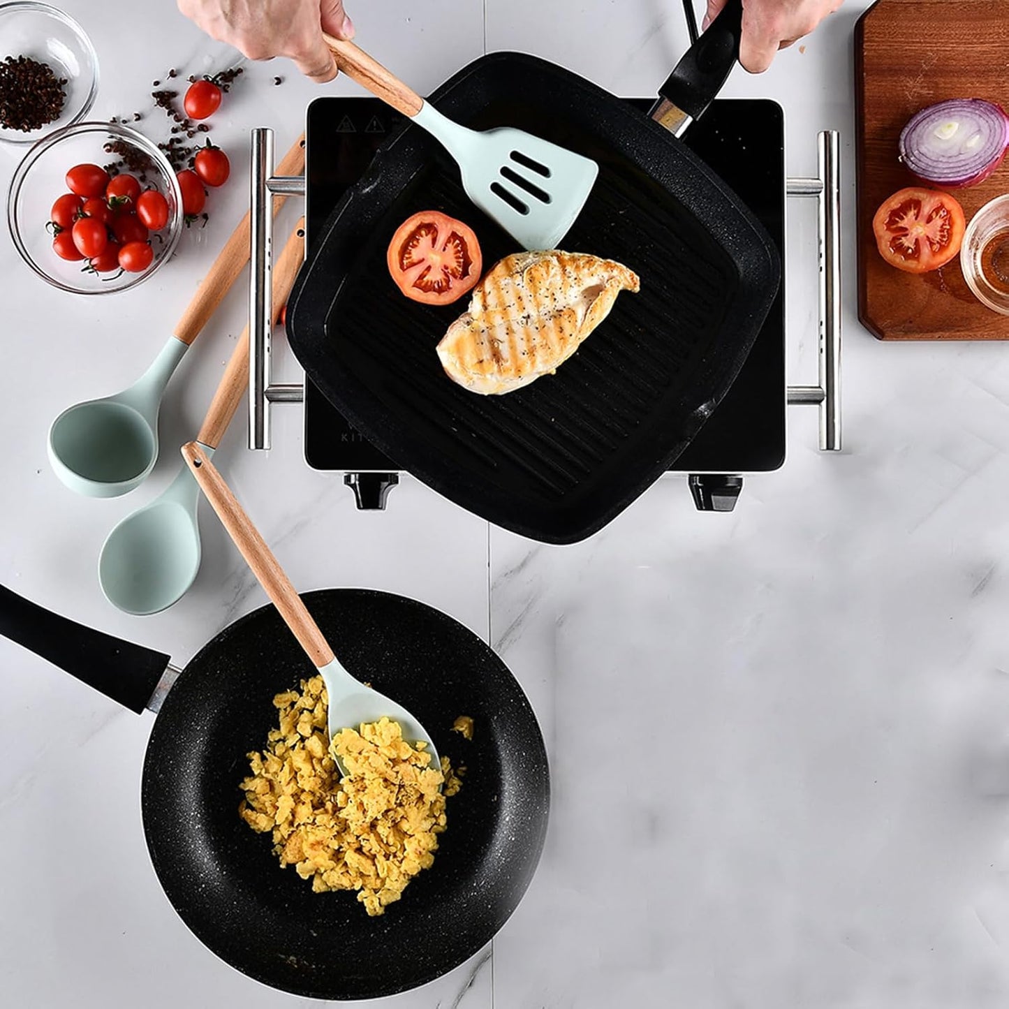 Kitchen Utensils Set, 5 Pcs Non-Stick Silicone Cooking Utensils with Wooden Handle, Heat Resistant Gadgets (Light Green)