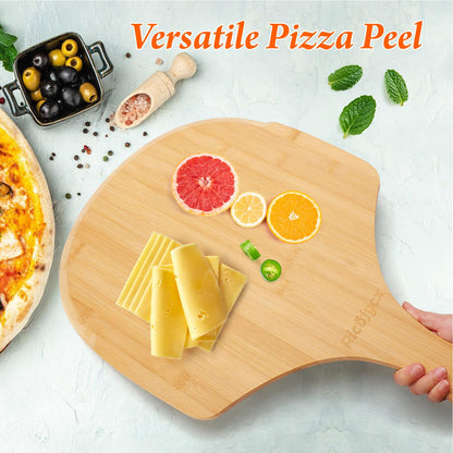 RICOJYCX 2 Pack 16 Inch Bamboo Pizza Peel, Wooden Pizza Paddle Spatula with Extended Handle, Cutting & Serving Board for Pizza, Bread, Cheese, Fruits and Vegetables