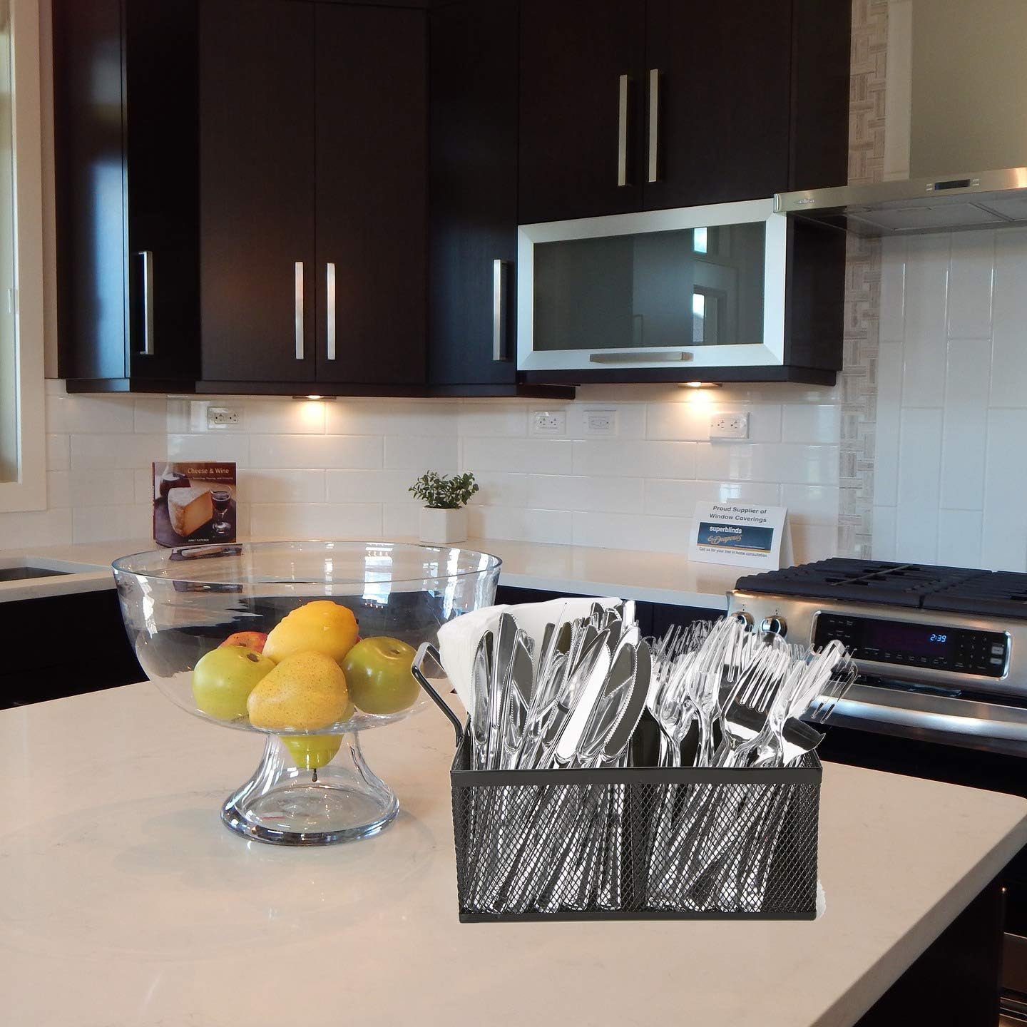 Mind Reader Utensil Accessory Caddy, Black Metal Mesh Organizer for Countertop, Office, Kitchen, 8.5" L x 8.5" W