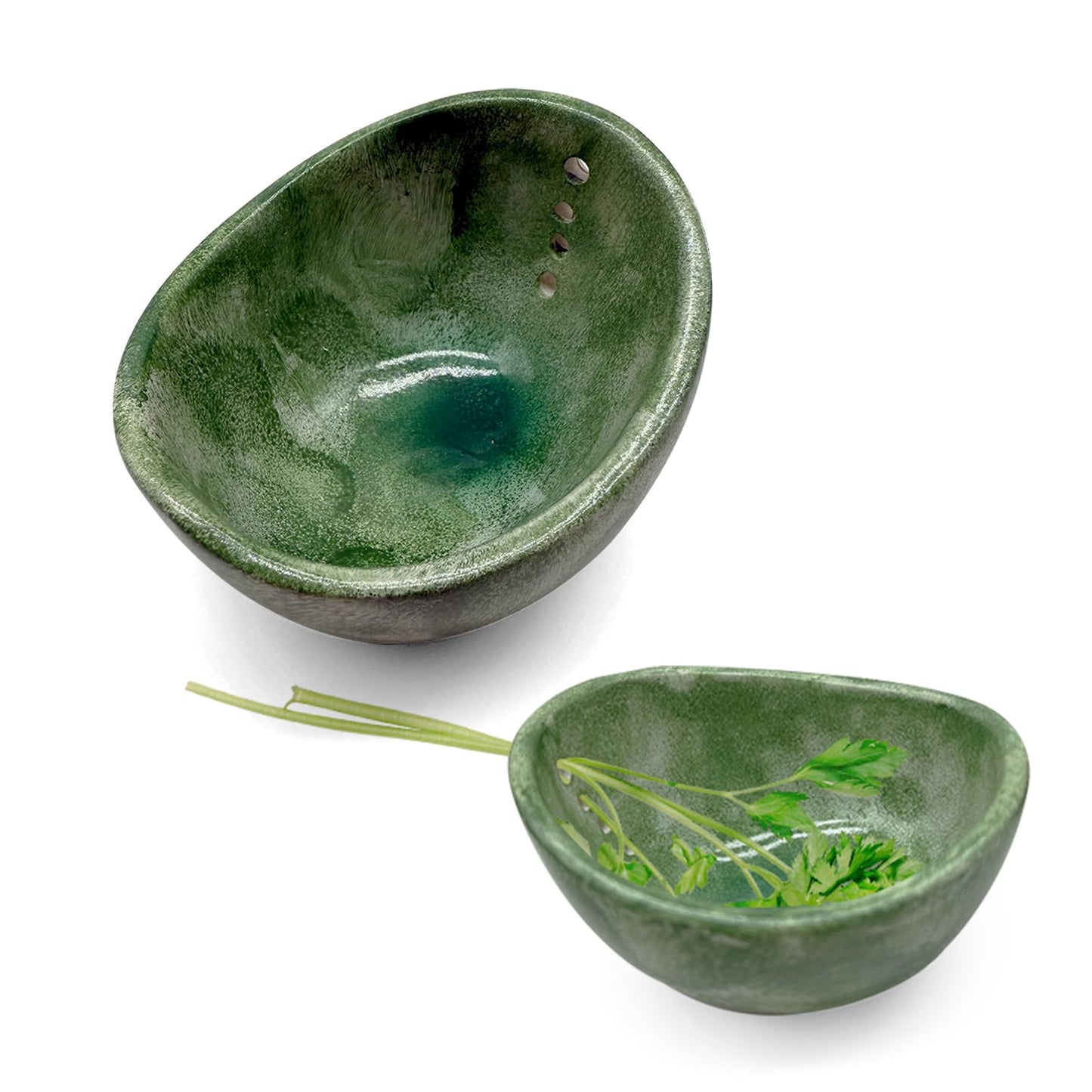 Baooery Pottery Herb Stripper Bowl, Herb stripper bowl, Ceramic Herb Stripper Bowl with Different Hole Sizes for Separating Leaves and Stems (Green)