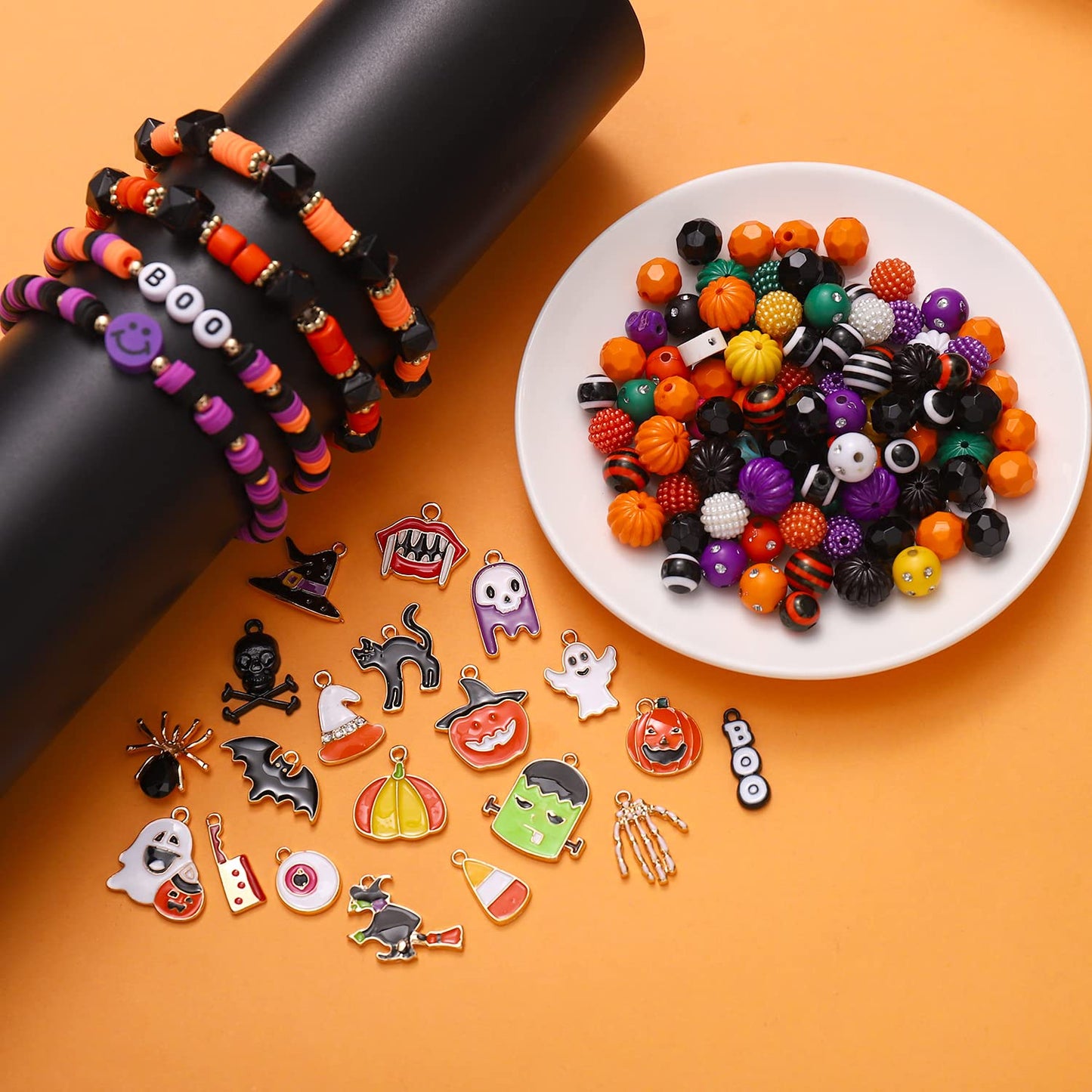 2200PCS+ Halloween Beads Charms for Jewelry Making Polymer Clay Beads Pumpkin Skull Evil Eye Beads Enamel Ghost Spider Charms for DIY Bracelet Necklace Earrings