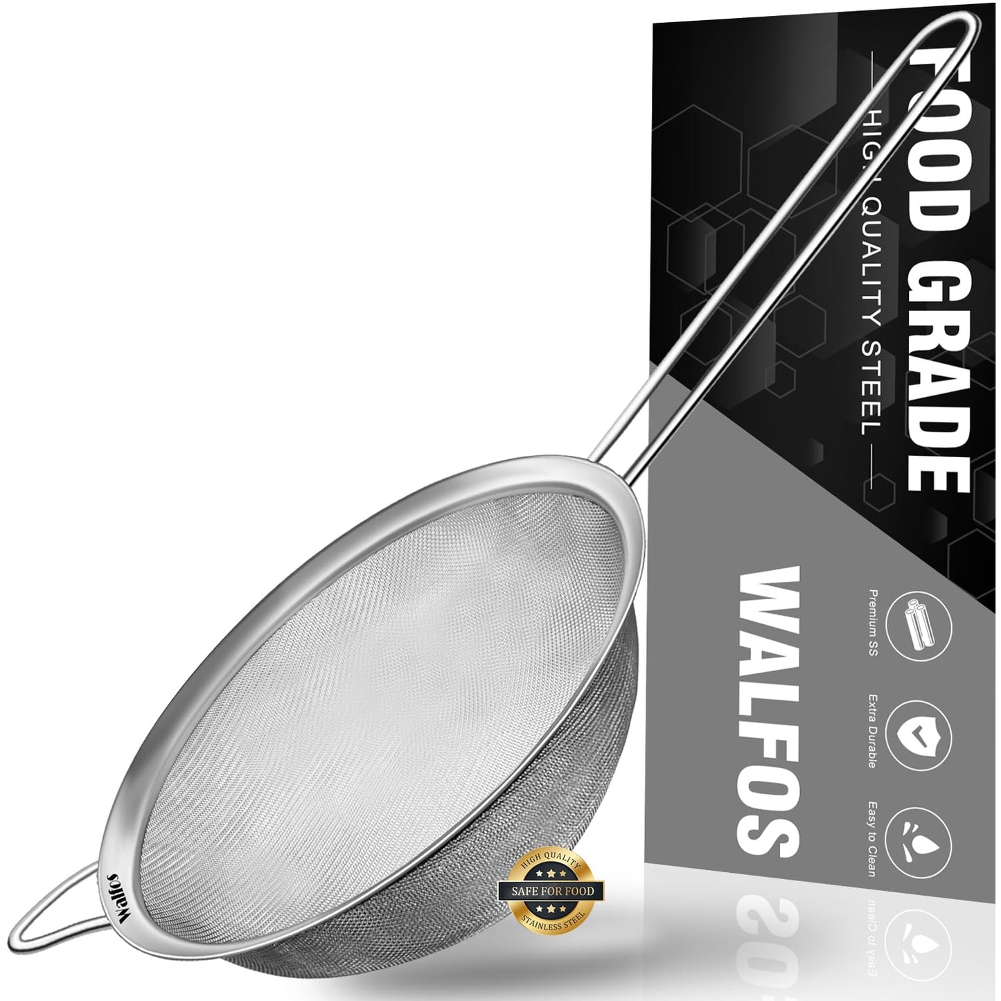 Walfos 7.8 Inch Fine Mesh Strainer, Premium Stainless Steel Colanders and Sifters, with Reinforced Frame and Sturdy Handle, Perfect for Sift, Strain, Drain and Rinse Vegetables, Pastas and Tea