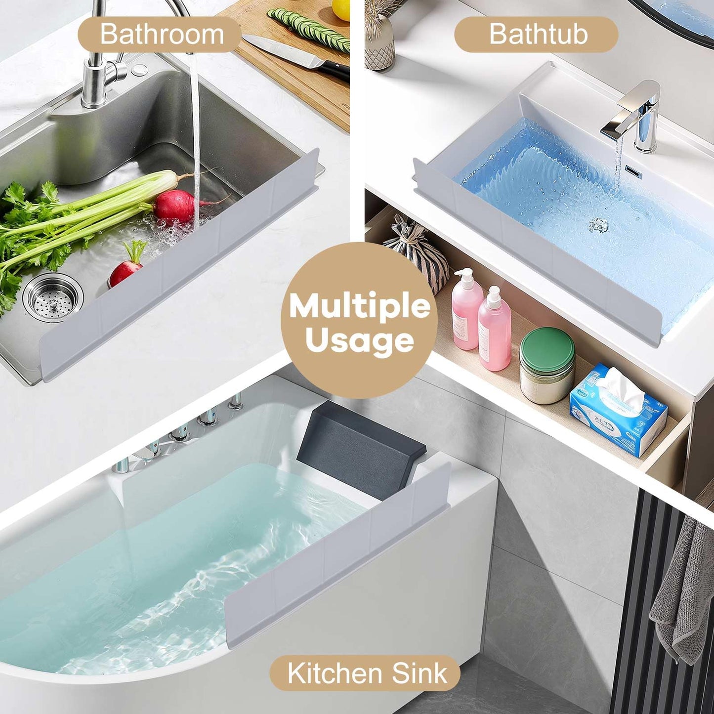 Sink Splash Guard, 18", Non-slip with Suction Cups, Stop Water Splash with High Rim, for Kitchen & Bathroom, Faucet & Countertop Protector, Easy Install, Dishwasher Safe