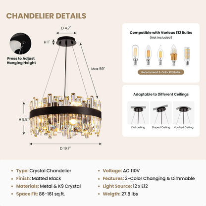 CROSSIO Modern Crystal Chandelier for Dining Room, 12-Light Luxury Black 2 Tiers Crystal Raindrop Chandelier, Contemporary Hanging Light Fixture for Living Room Entryway Foyer D19.7''