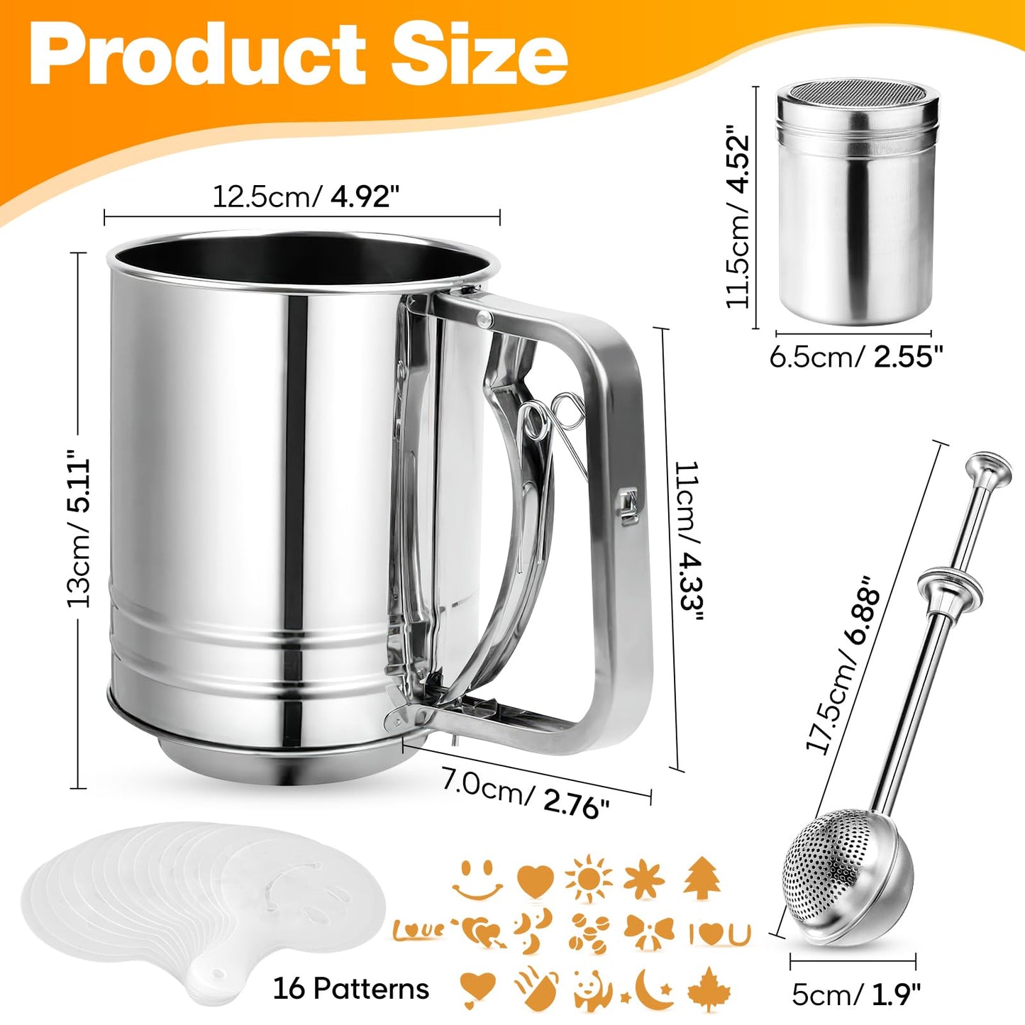 4 in1 Flour Sifter Stainless Steel, 5 Cup Flour Sifter for Baking, Sifter for Baking with Powdered Sugar Duster Set, Flour Shaker Duster for Baking Cakes, Pies, Pastries, Desserts and Cupcakes