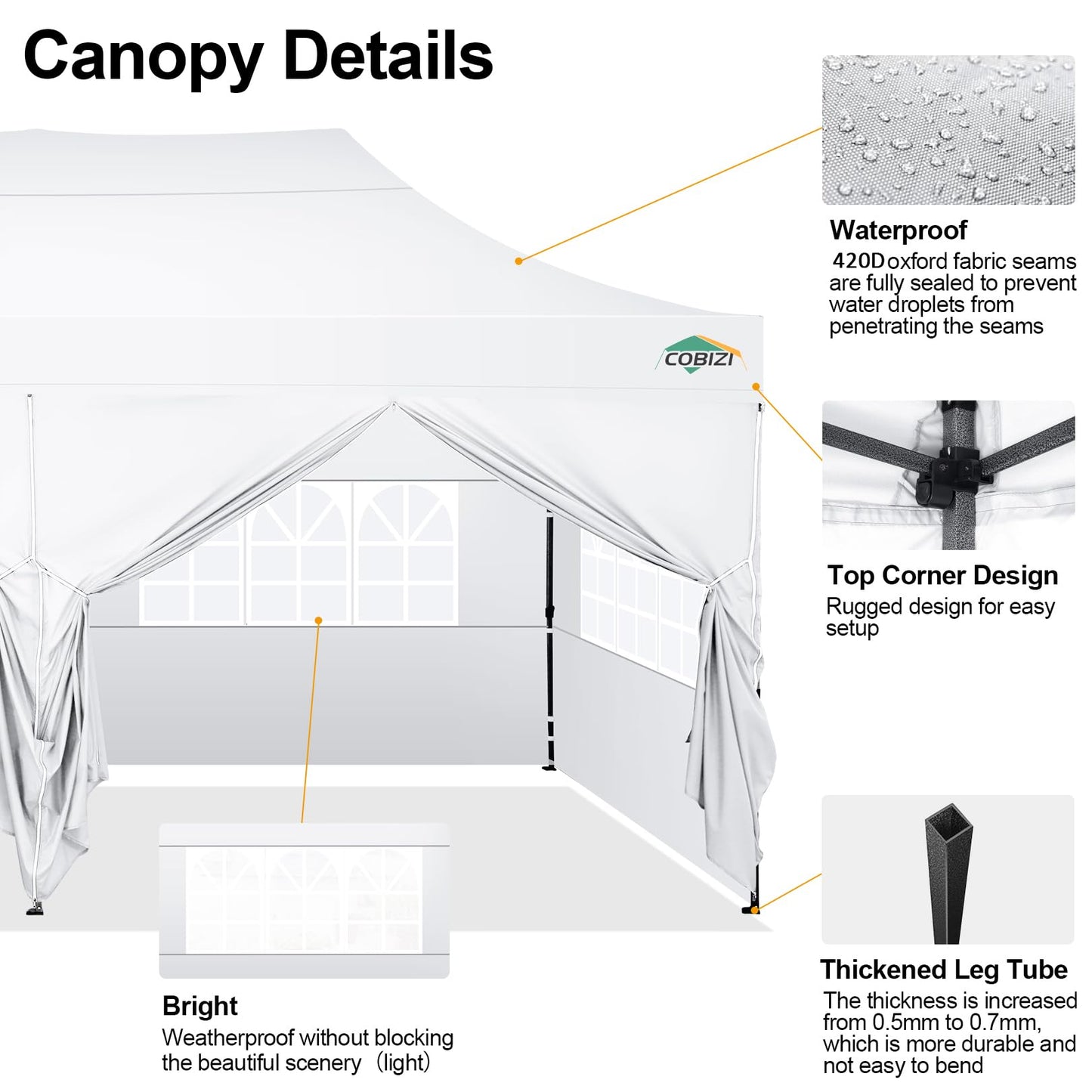 COBIZI 10x20 Pop up Canopy Tent 10x20 Canopy with 6 Sidewalls Waterproof Heavy Duty Commercial Canopy Tent for Parties Outdoor Garden Gazebo, Carry Bag with Wheel(10x20ft, White)