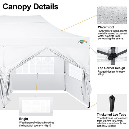 COBIZI 10x20 Pop up Canopy Tent 10x20 Canopy with 6 Sidewalls Waterproof Heavy Duty Commercial Canopy Tent for Parties Outdoor Garden Gazebo, Carry Bag with Wheel(10x20ft, White)