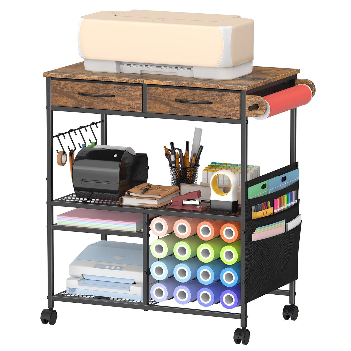 VEOSIR Craft Cart with Vinyl Roll Holder, Organizer & Storage Table for Cricut Machine with Drawer,Mobile Craft Organization and Storage Cart,Crafting Table Accessories Holder for Craft Room Brown