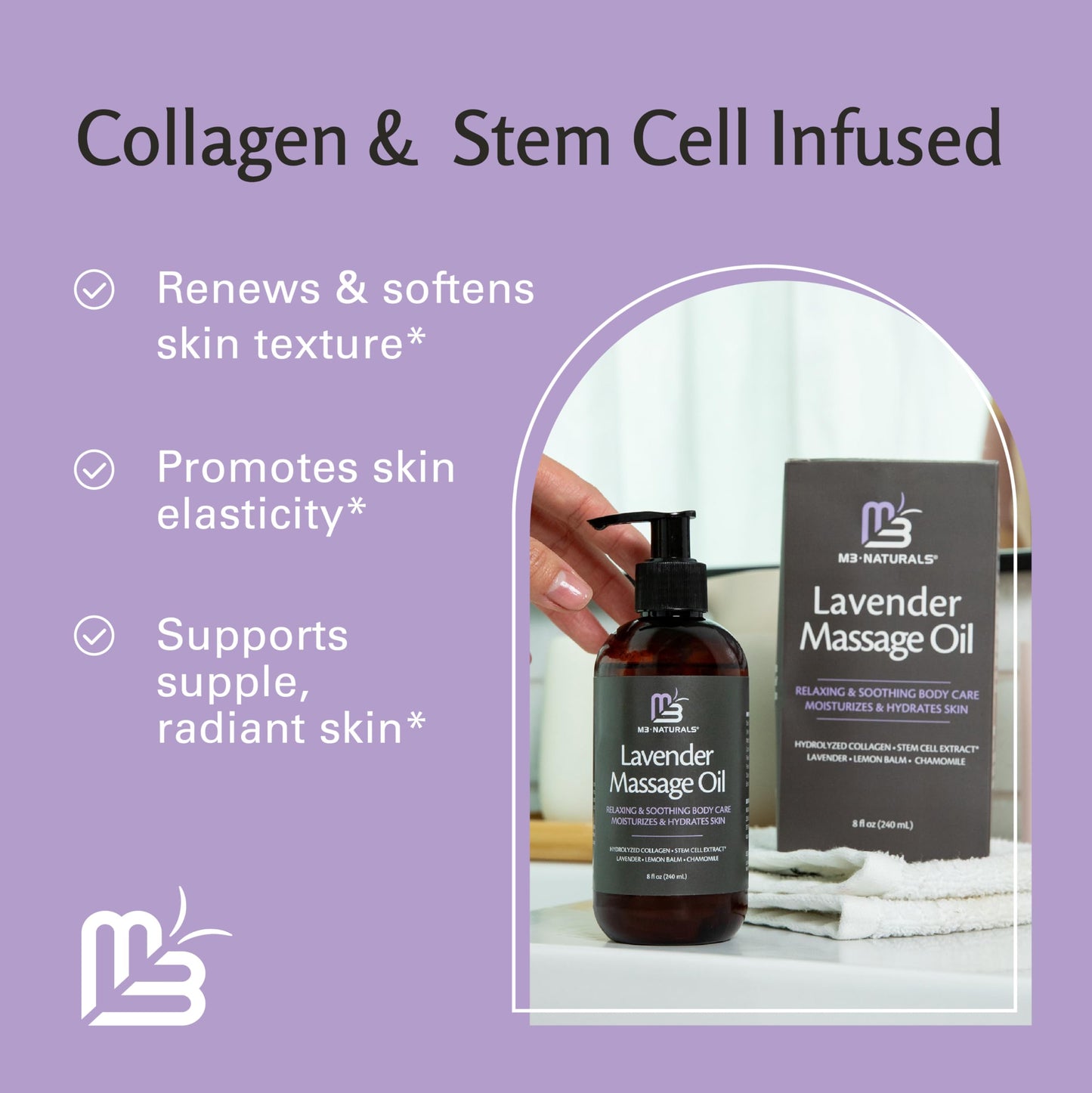 M3 Naturals Firming Body Massage Oil with Collagen & Stem Cell – Helps Smooth The Appearance of Cellulite & Improve Skin Texture – Refreshing Aromatherapy Body Oil for Legs & Full Body – 16 Fl Oz