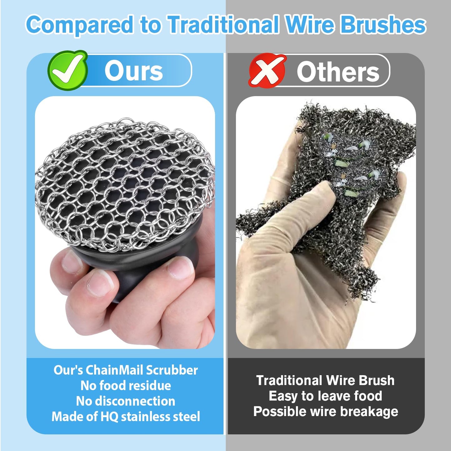 Onewly Cast Iron Scrubber and Scraper, Chain Mail Scrubber Cast Iron for Cleaning Dishes, Stock Pots, Pans, Griddles, Grills, Dish Scouring Pads