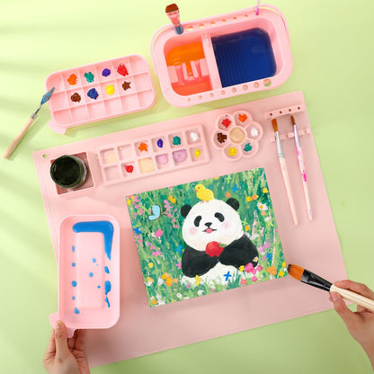 Fuyoooo 2 Pcs Painting Supplies Set with Silicone Painting Mat & Paint Brush Cleaner Bucket for Crafts Paint Brush Holder Organizer with Palette Party Art Supplies for Kids, Adults & Beginners