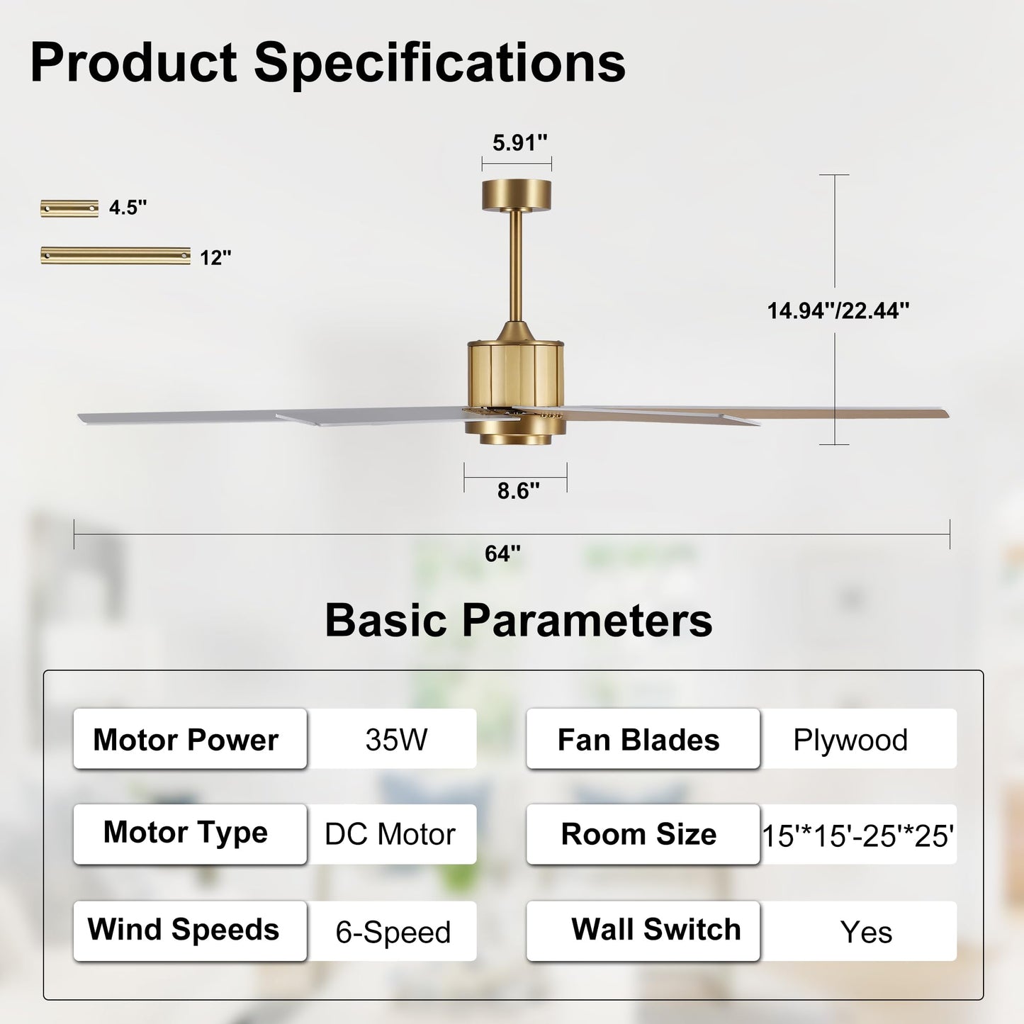 WINGBO 64" Ceiling Fan without Light, Modern Large Ceiling Fan with Remote Control, 6-Speed Reversible Noiseless DC Motor, Gold and White/Oak Blades for Living Room, Bedroom & Covered Outdoor