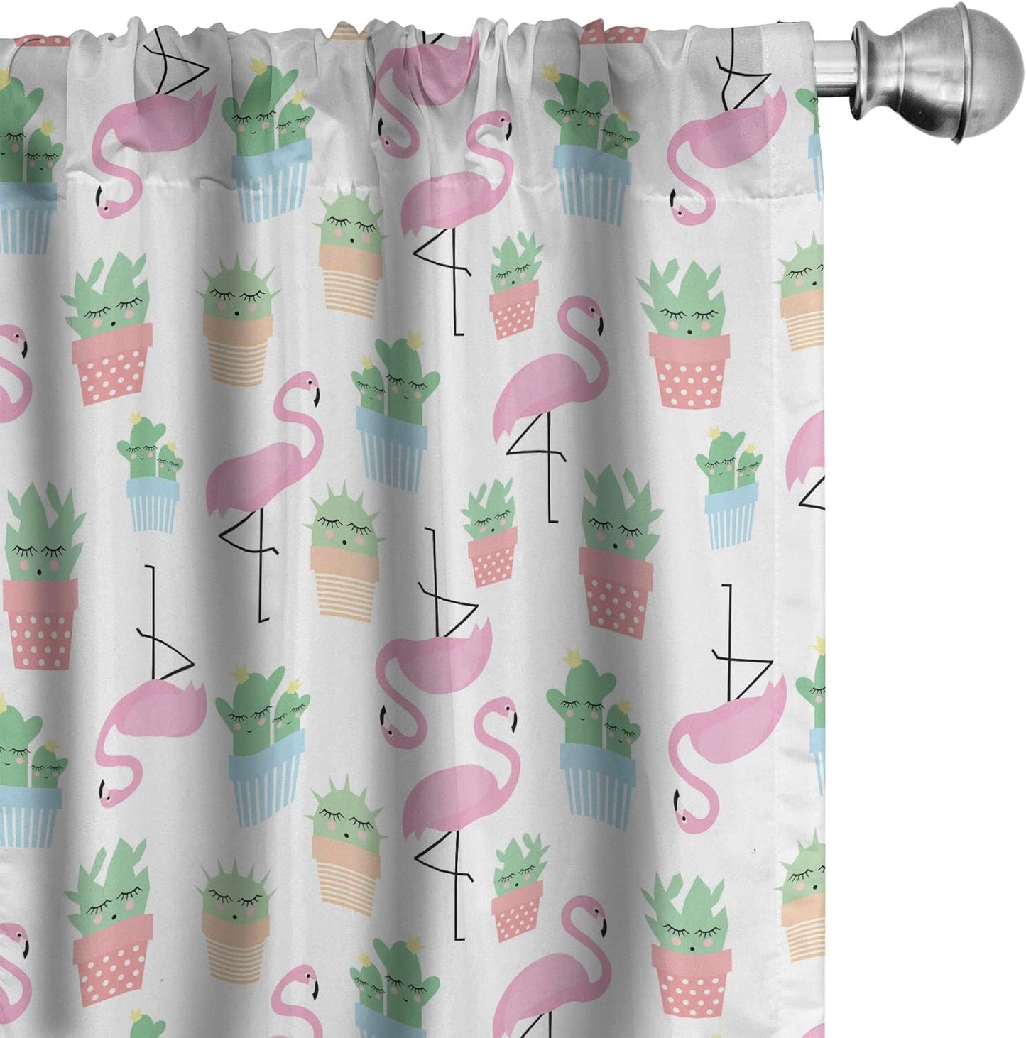 Ambesonne Cactus Window Curtains, Flamingos and Sleeping Plants Cartoon Pattern, 2-Panel Set (28" x 63")