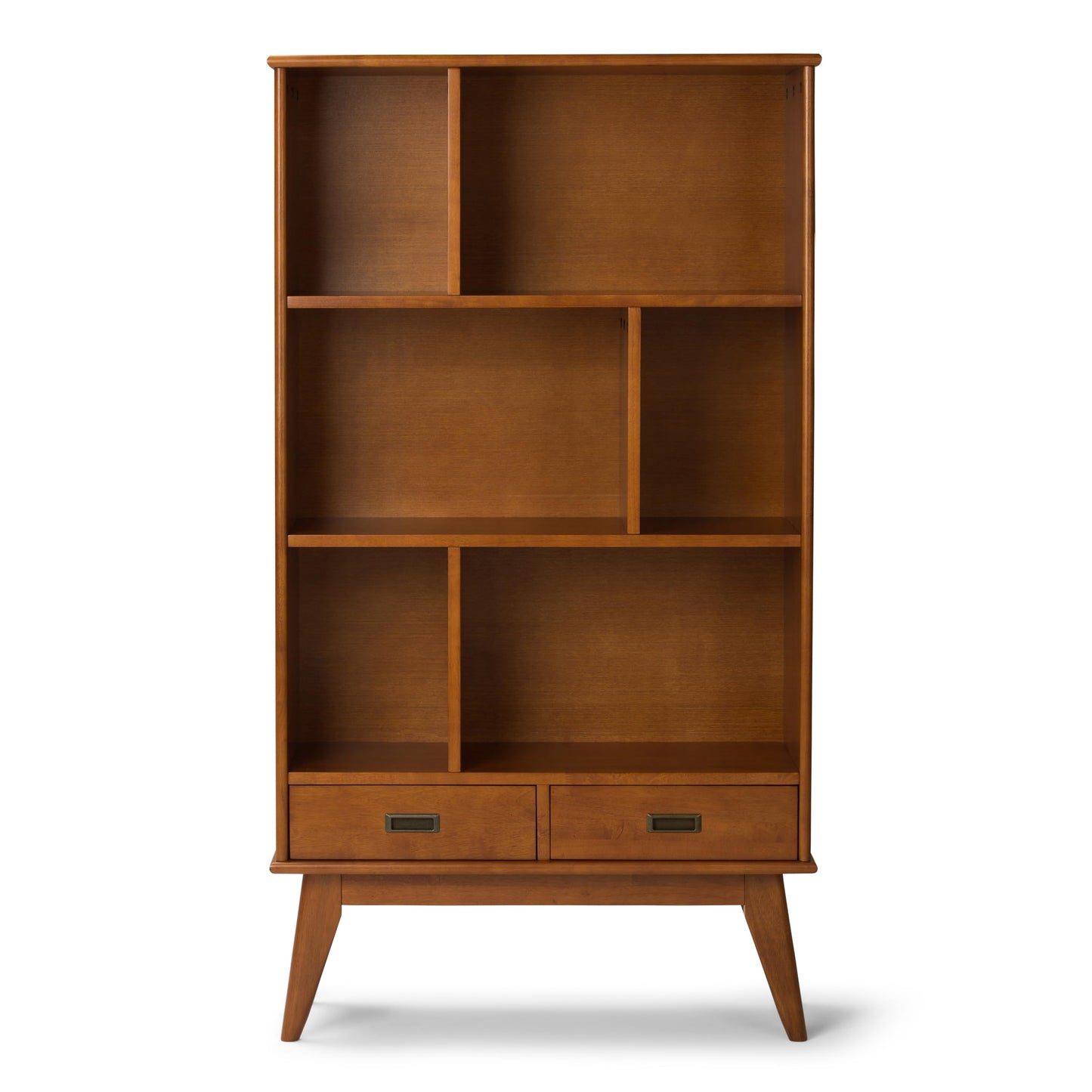 SIMPLIHOME Draper 35 inch Mid-Century Modern 6 Cubbie Bookcase with Drawer (Set of 2) in Teak Brown for the Living Room, Study Room and Office
