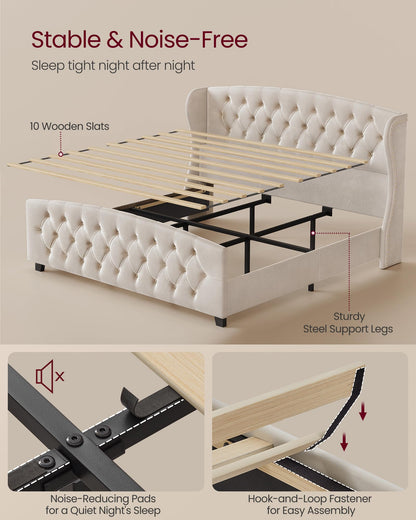 VASAGLE King Bed Frame with Tall Headboard, Upholstered Platform Bed Frame King Size, with Wingback Tufted Headboard and Footboard, Wooden Slats, No Box Spring Needed, Cappuccino Beige URMB884W01