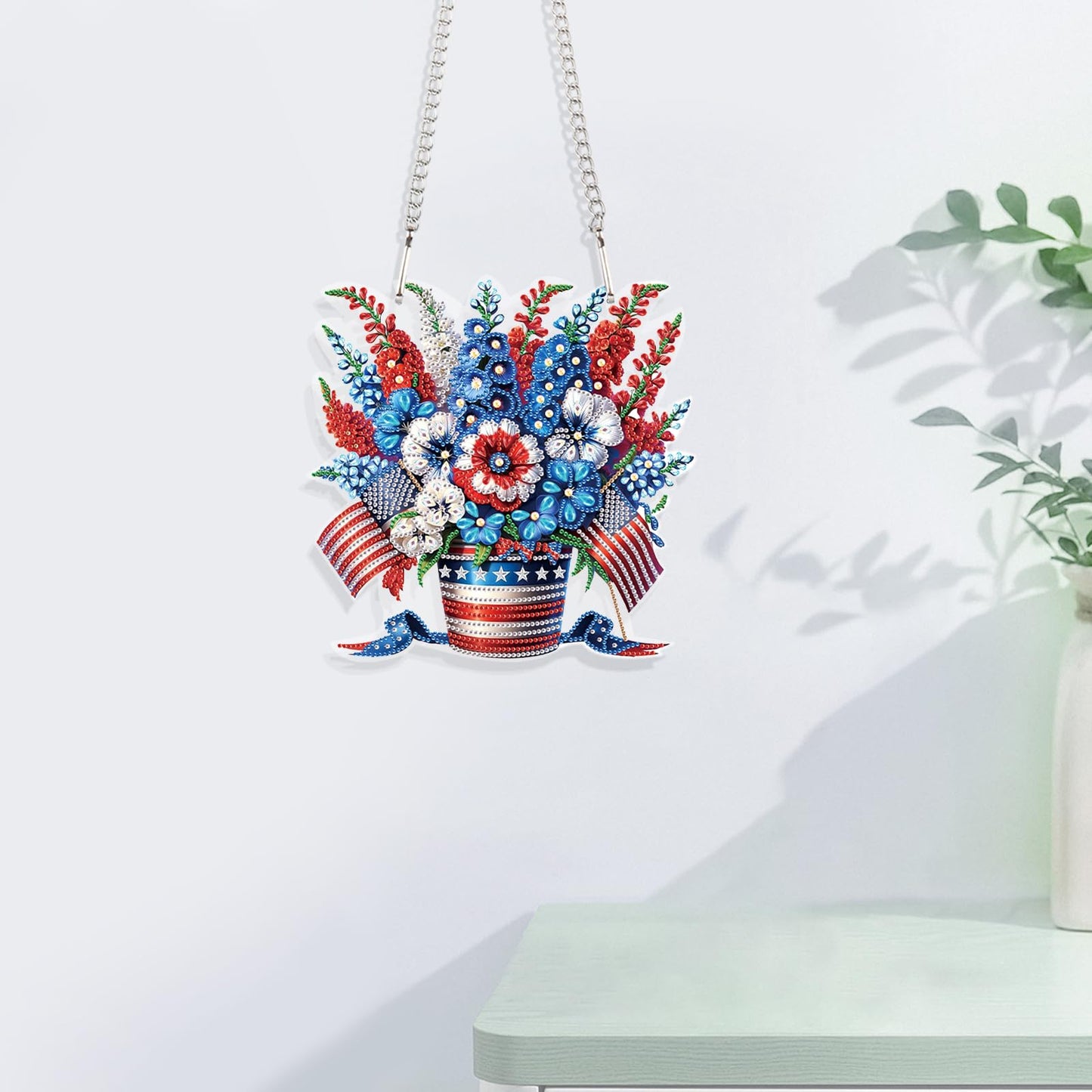 JISHSHAY Diamond Painting Hanging American Flag Diamond Art Pendant Vase Gem Art Wind Chimes Flower Gem Painting Hanging Pendant Mosaic Kits for Adults Windchimes Embroidery Kit Suncatchers