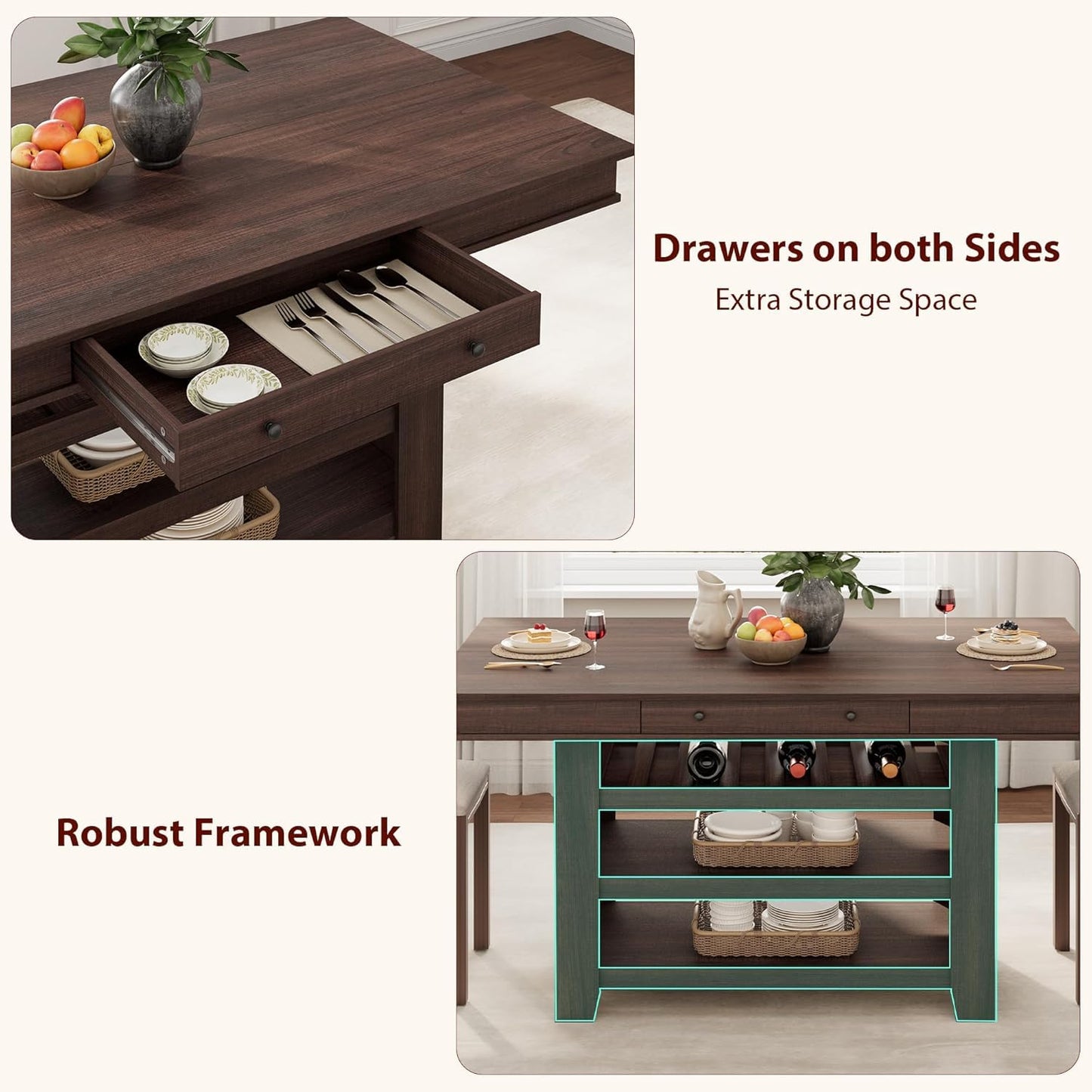 GAOMON 36" Tall Farmhouse Counter Height Dining Table for 4-6, Wooden Bar Height Kitchen Table with Thick Top, Deepened Wine Rack & Shelves, 2 Drawers, Rectangular, for Bar, Kitchen, Pub, Retro Brown