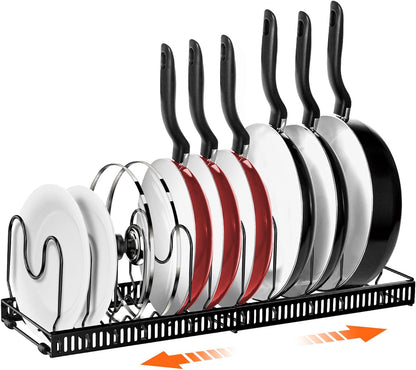 AHNR Expandable Pot and Pan Organizer Rack, 10+ Pots and Pans Lid Holder, Kitchen Cabinet Bakeware Organizer with 10