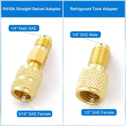 R410A Recharge Kit AC Charging Hose, R410A Manifold Gauge Set with R410A Mini Split Adapter 1/4 x 5/16, R134A Tank Adapter 1/4 SAE X 1/2, Low Pressure Manifold Gauge Hose 59’’