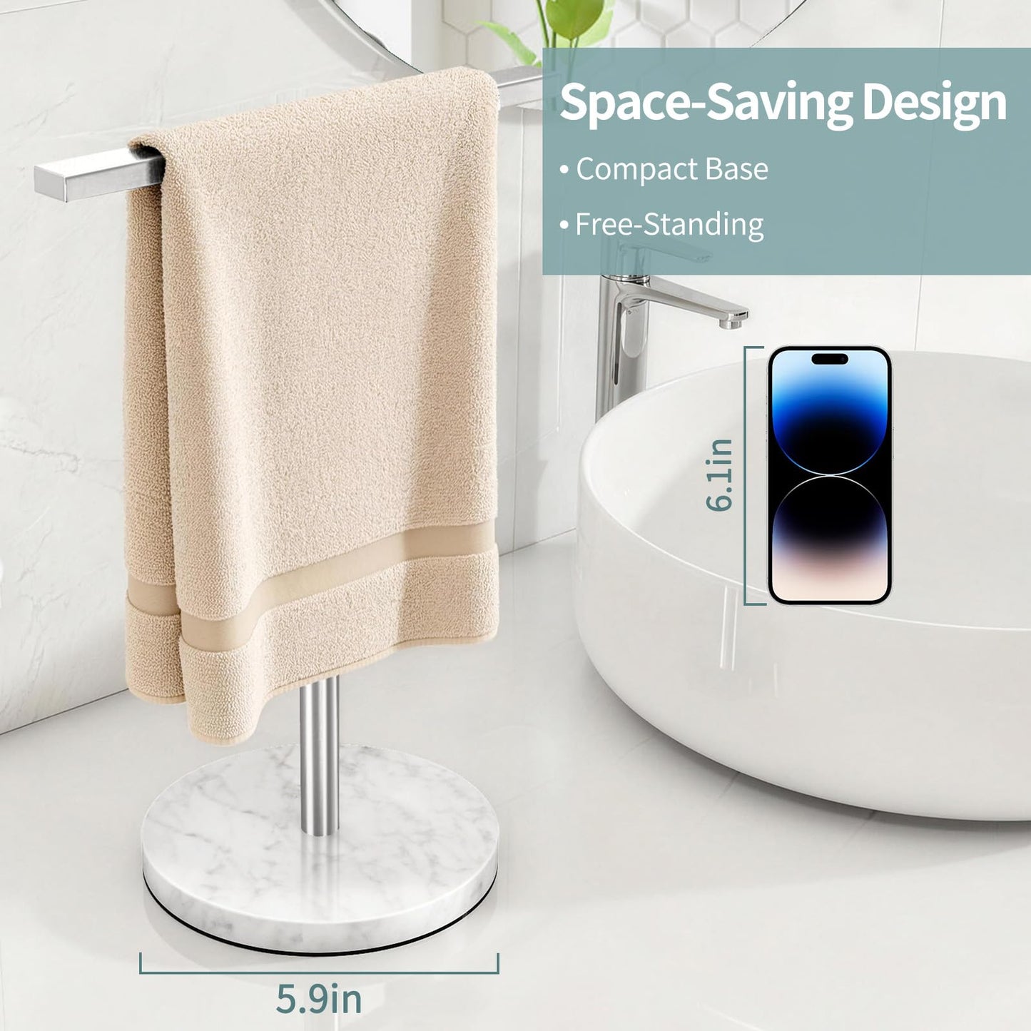 Gypie T-Shape Hand Towel Holder Stand with Heavy Marble Base, Stainless Steel Bathroom Countertop Towel Rack for Bathroom Kitchen, Brushed Nickel