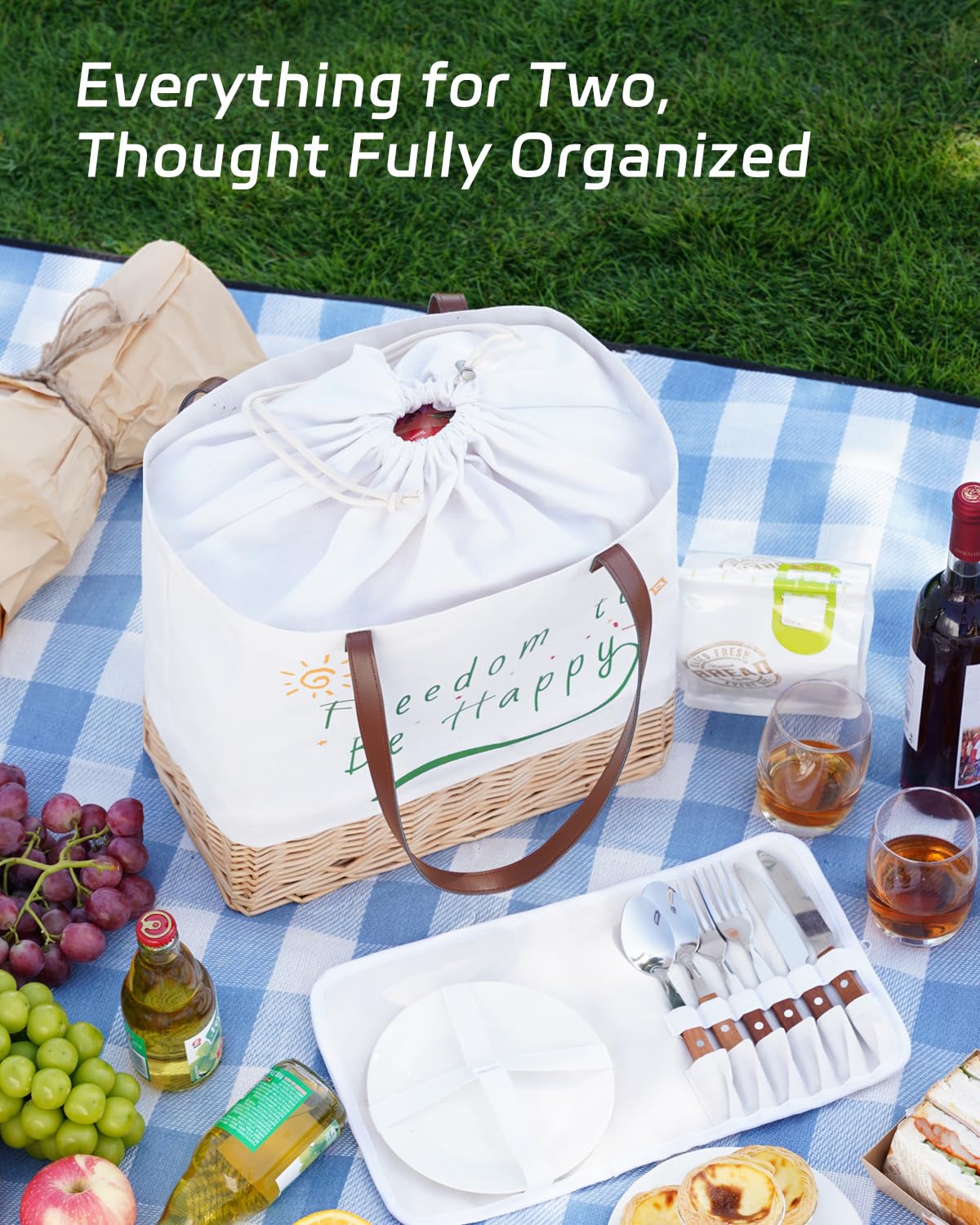 WeaveNove Wicker Picnic Basket for 2 Person, Folding Picnic Basket Set with Waterproof Lining,Canvas and Willow Picnic Hamper with Utensils，for Outdoor, Camping, Beach，Wedding Gifts