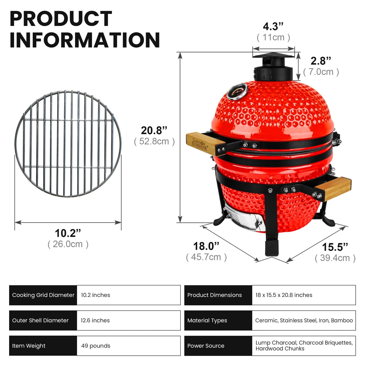 Upgraded 13 inch Ceramic Kamado Grill with Waterproof Air Vent Cap | Portable Tabletop Charcoal BBQ Grill Smoker for Outdoor Cooking, Patio, Camping | Red