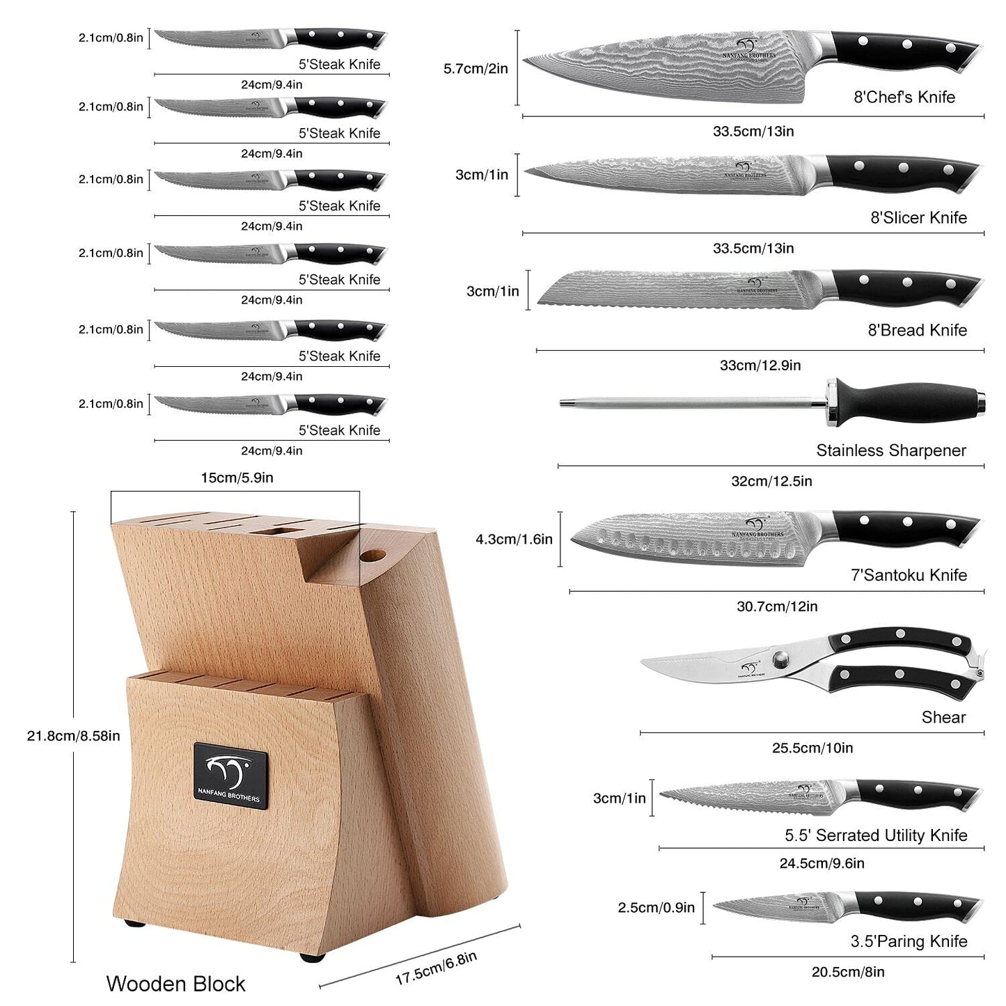 NANFANG BROTHERS 15-Piece Damascus Kitchen Knife Sets with Japanese 67-Layer Damascus Steel, ABS Ergonomic Handle for Chef Knife Set, Ultra Sharp Knife Set with Sharpener, Beechwood Block