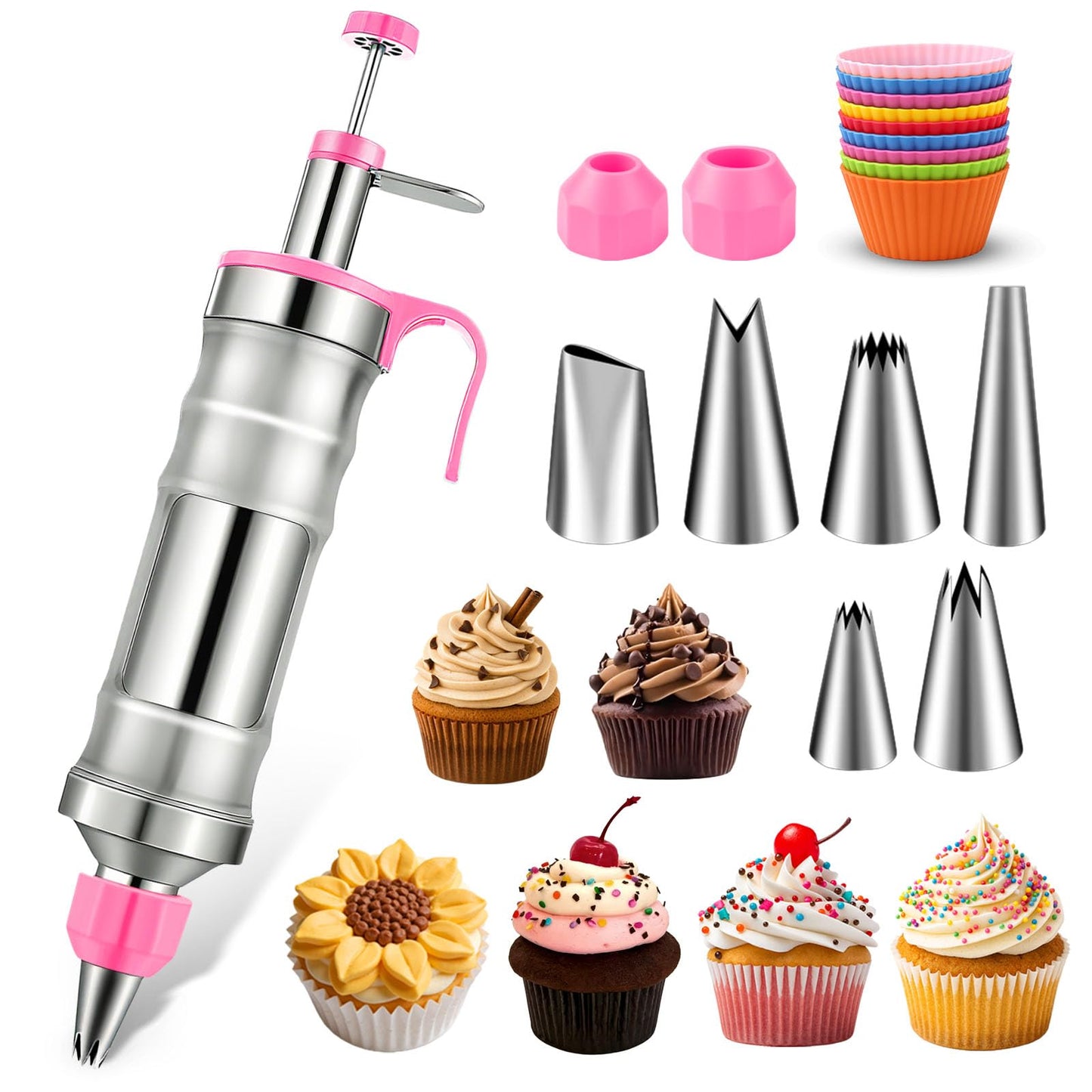 Hendiy Dessert Decorating Syringe Set, Frosting Piping Kit Stainless Steels Cake Decorating Kit with 6 Piping Tips & 9 silicone cupcakes, Cupcake Decorating Kit Piping Bags and Tips Set
