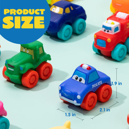 JOYIN Cartoon Cars, Soft Rubber Toy Car Set, Mini Vehicles, Bath Toy Car for Toddlers, Christmas Great Gift for Boys and Girls, Summer Beach and Pool Activity, Party Favors for Kids