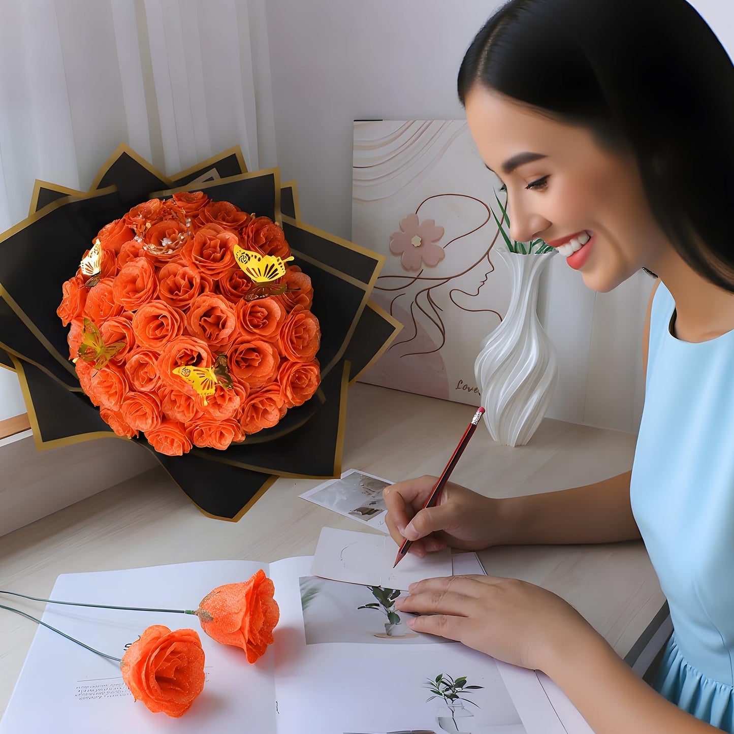 CCYXSHOW Orange Glitter Flowers Bouquet, Fake Roses Bouquet 16 Pcs DIY Glitter Rose Bouquet Kits Birthday Gifts for Women Mom Mothers Day Anniversary Graduation
