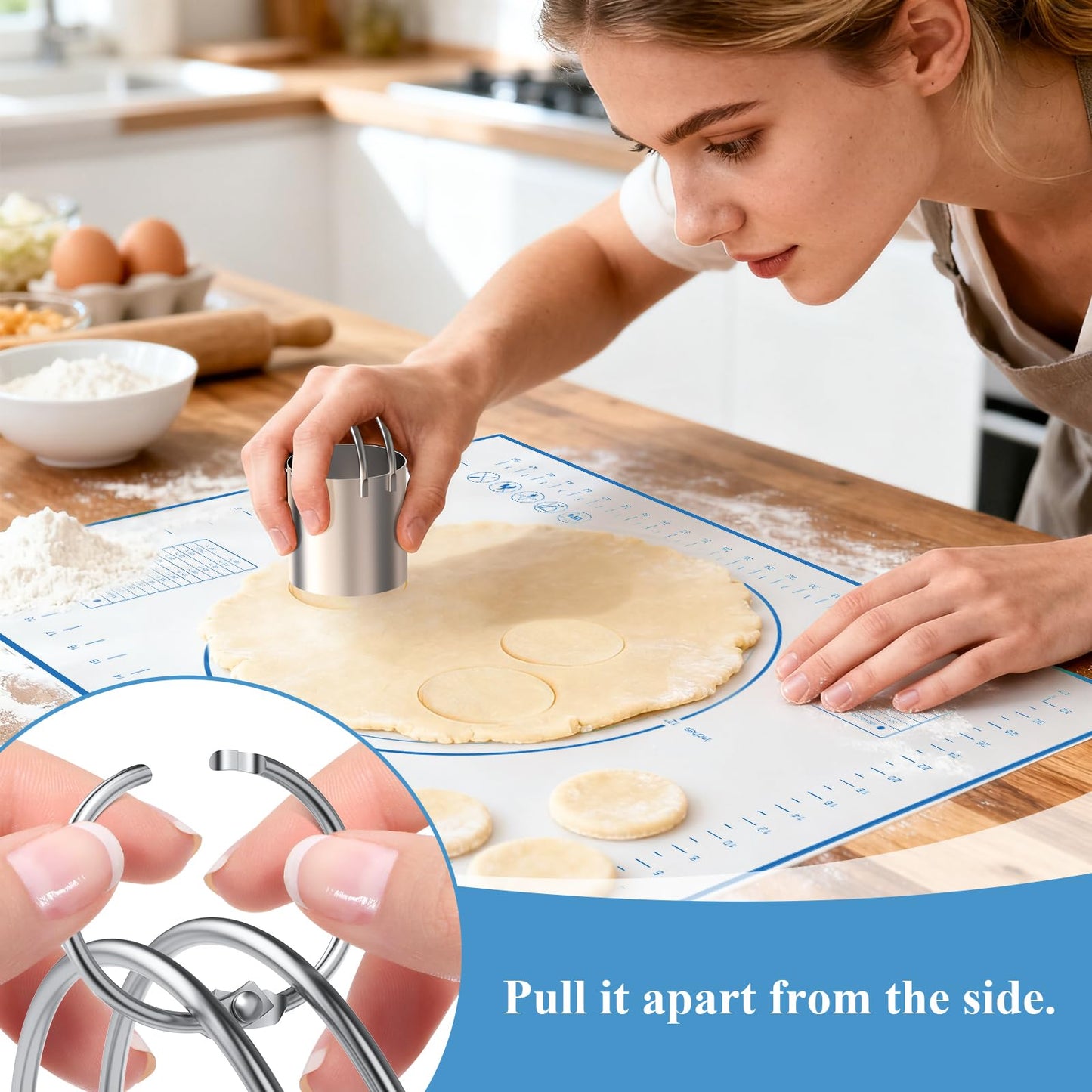 Frapkom Biscuit Cutter Set, Blue Silicone Baking Mats，Stainless Steel Pastry Blender, Dough Cutter,Pastry Cutter, Baking Tools and Accessories Kit (4 Set Blue)