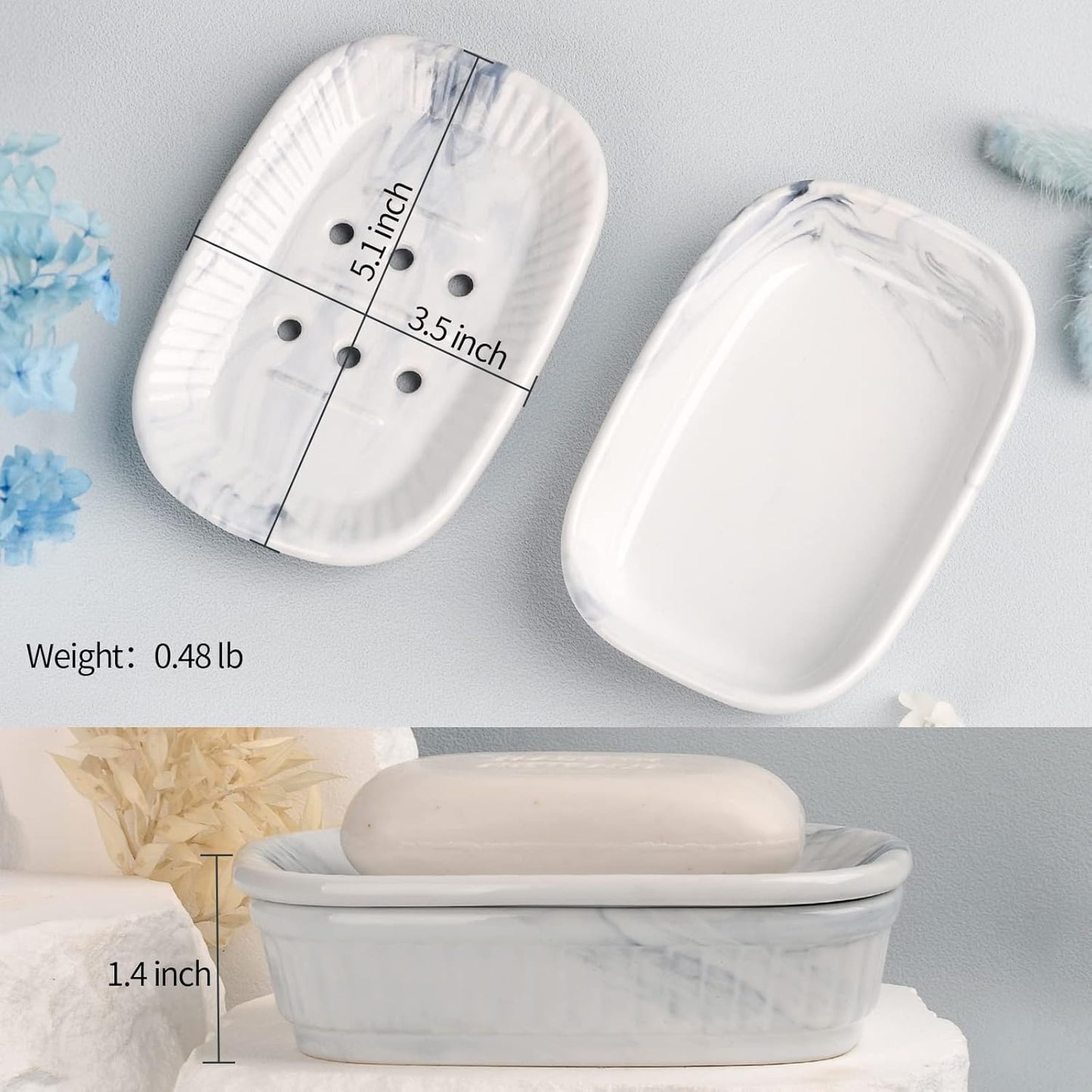Ceramic Soap Dish, Self-Draining Soap Holder, Double Layer Marble Blue, Easy to Clean