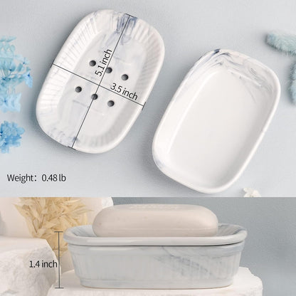 Ceramic Soap Dish, Self-Draining Soap Holder, Double Layer Marble Blue, Easy to Clean