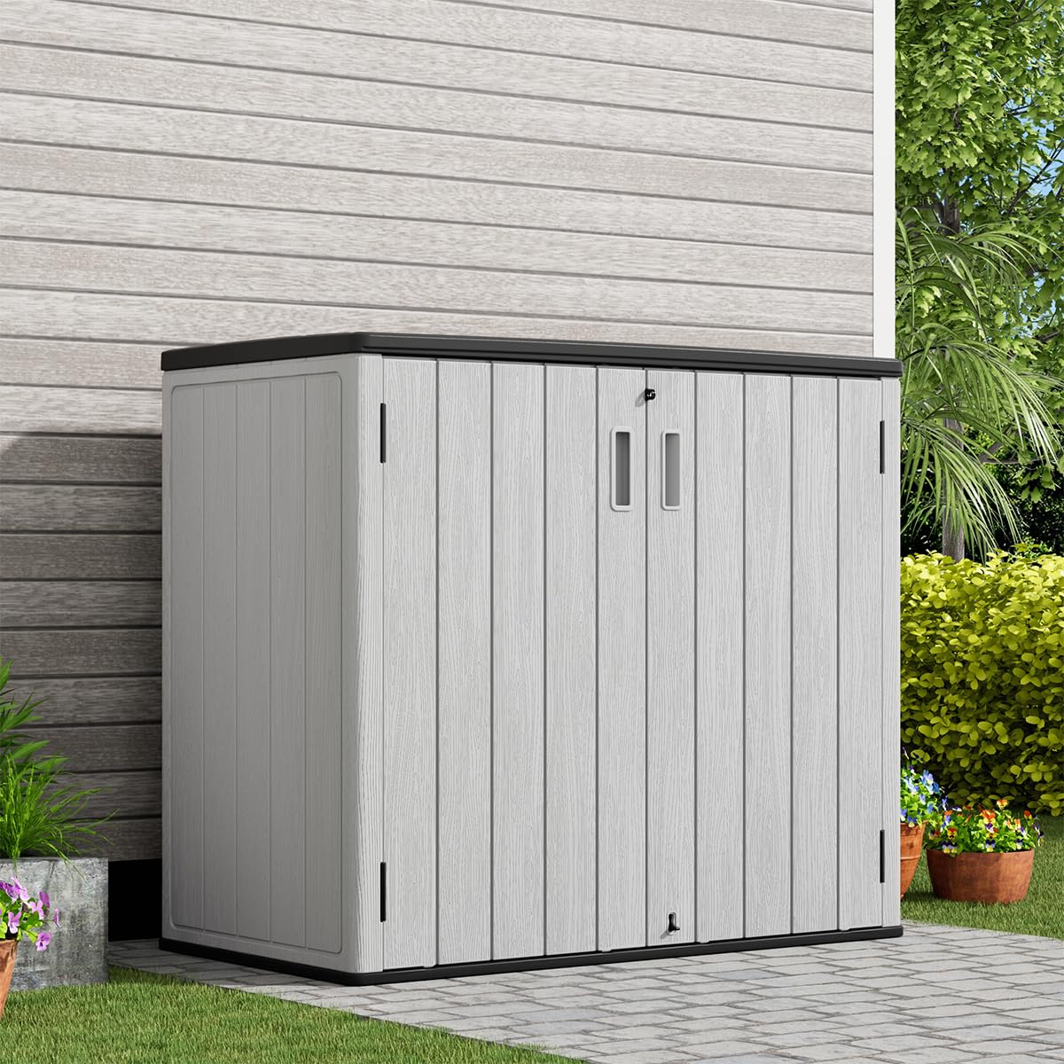 KINYING Outdoor Horizontal Storage Sheds,37 Cu.ft Outdoor Storage Cabinet Waterproof Resin Tool Storage Box for Lawn Mower,Garden Tools and Patio Furniture, Lockable (Grey)