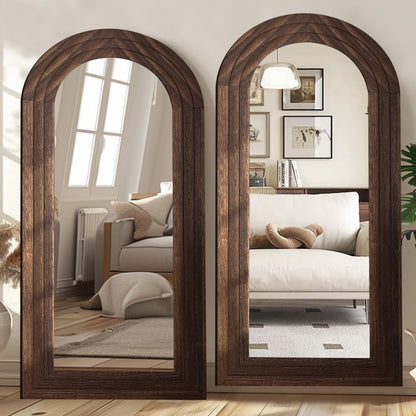 ZHUNFA Arched Full Length Mirror with Solid Wood Frame, 71x32 Farmhouse Wall Mounted Floor Mirror with Stand, Vertical Hanging, Leaning Standing for Bedroom, Living Room, Brown