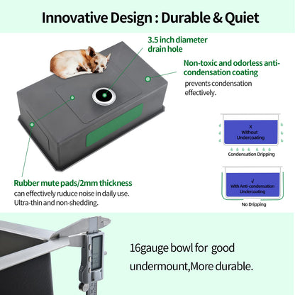 EcoChannels Undermount Kitchen Sink, 28 x 19 Inch Sink Kitchen16 Gauge Stainless Steel Outdoor Laundry Kitchen Sinks Single Bowl
