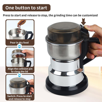 Huitban Electric Coffee Grinders，150-300w Silver Spice Grinder, One-Button Operation to Grinder Coffee Beans, Spices, Dry Herbs, Nuts, etc.1 Plastic Brush and 1 Plastic Spoon Included
