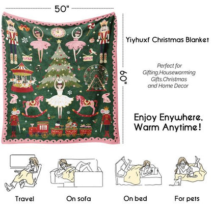 Christmas Throw Blanket for Couch 60x50,Green Winter Holiday Festival Cute Xmas Nutcracker Christmas Tree Blankets for Woman,Soft Flannel Fleece Blankets for Home Living Room Bed Chair Decor