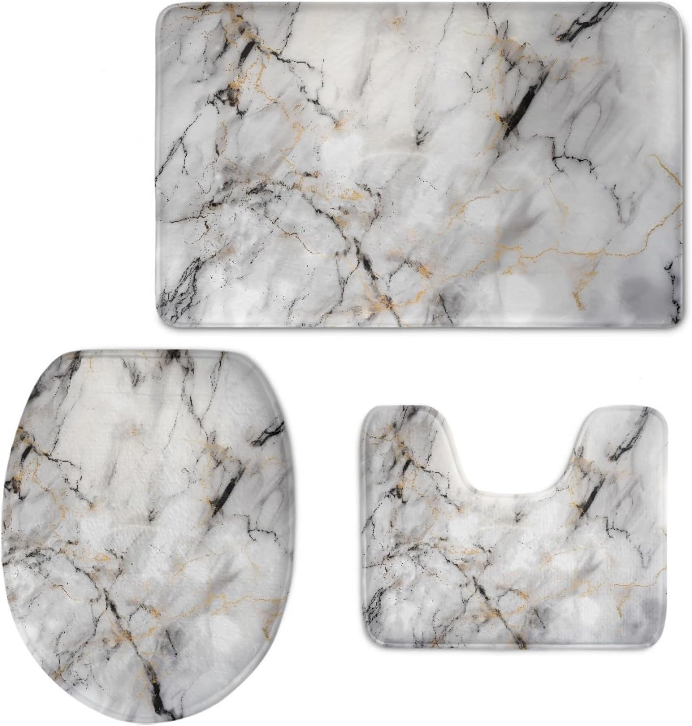 UNICEU 3 Piece Bathroom Rug Set, Grey White Marble, Machine Washable, Non Slip Microfiber