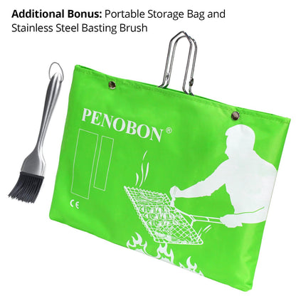 Fish Grilling Basket, Folding Portable Stainless Steel BBQ Grill Basket for Fish Vegetables Shrimp with Removable Handle, Come with Basting Brush and Storage Bag